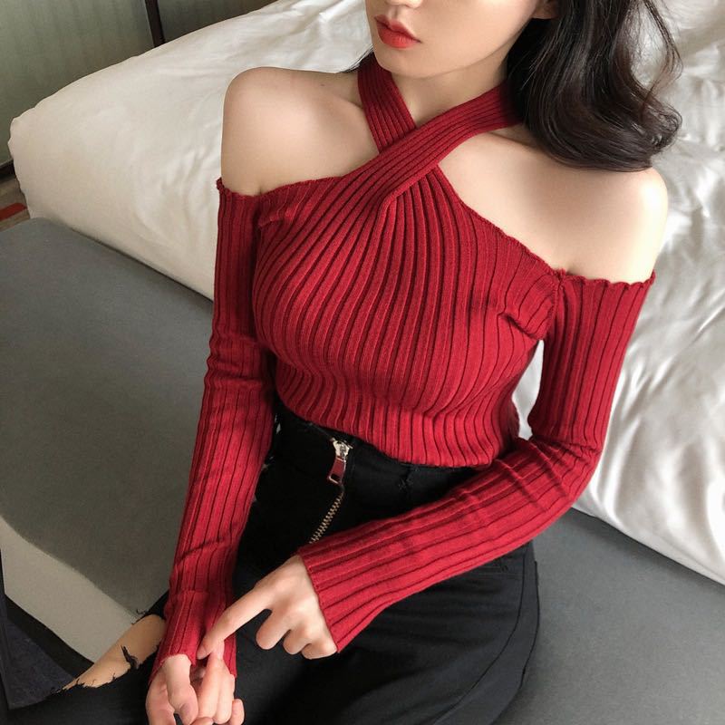 2024 New Short Sexy One-Line Collar Off-Shoulder Cross Halter Bottoming Knitwear for Women with Autumn and Winter Tight Knitted Knitwear
