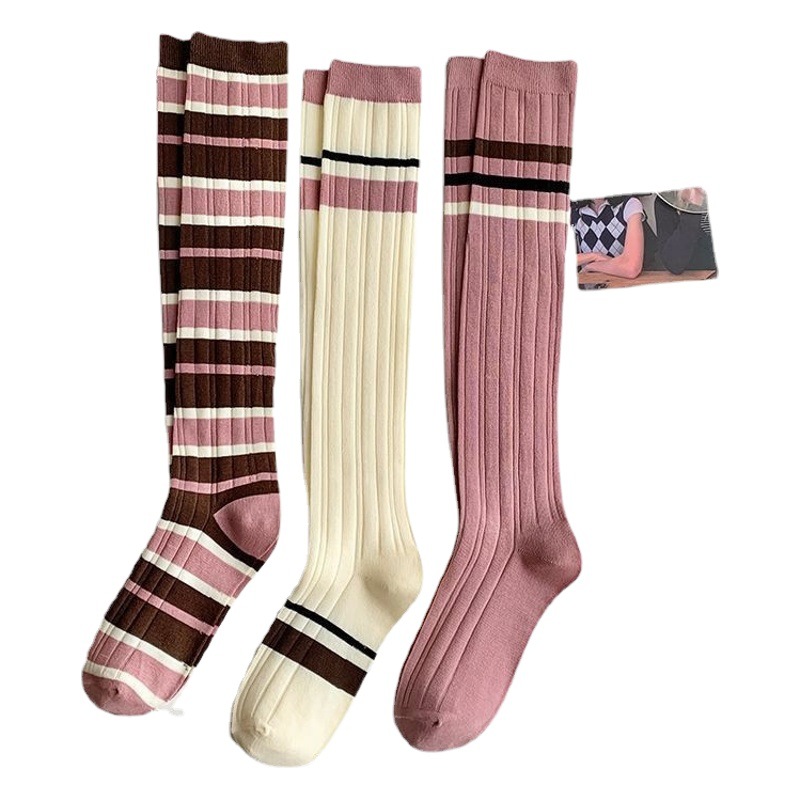 Calf Socks Women's Spring and Summer Pink Striped Stockings Ins Trendy All-match JK Socks High-height Knee-length Pure College Style