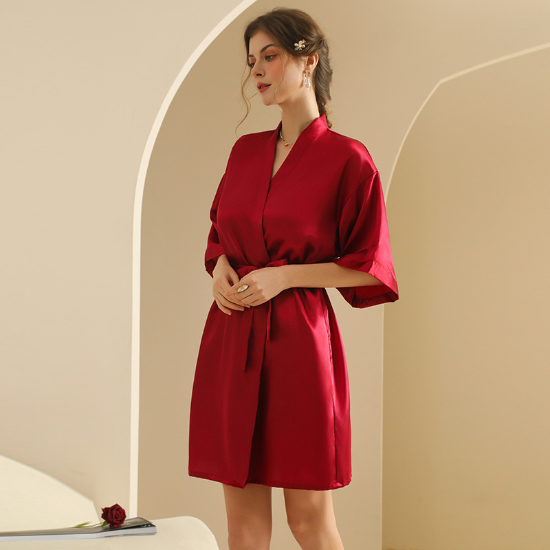 Picture of Bride's Bridesmaid's Morning Gown Wedding Silk Birthday Girlfriend Party Pajamas Lie-down Embroidered Red Nightgown Wedding Morning Gown