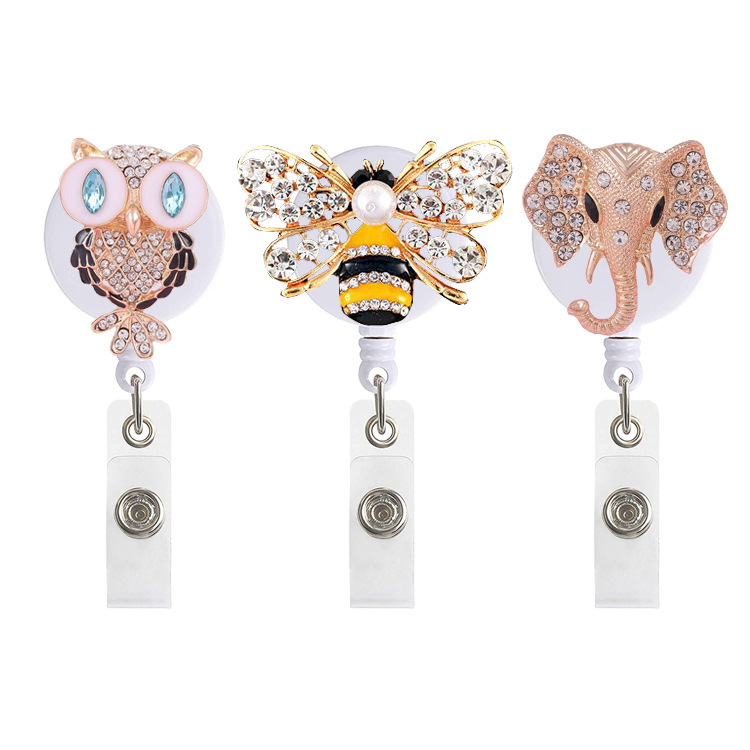 Metal Elephant Owl Bee Diamond-encrusted Telescopic Easy Pull Buckle Rotating Alligator Clip Easy Pull Badge Clip ID Buckle