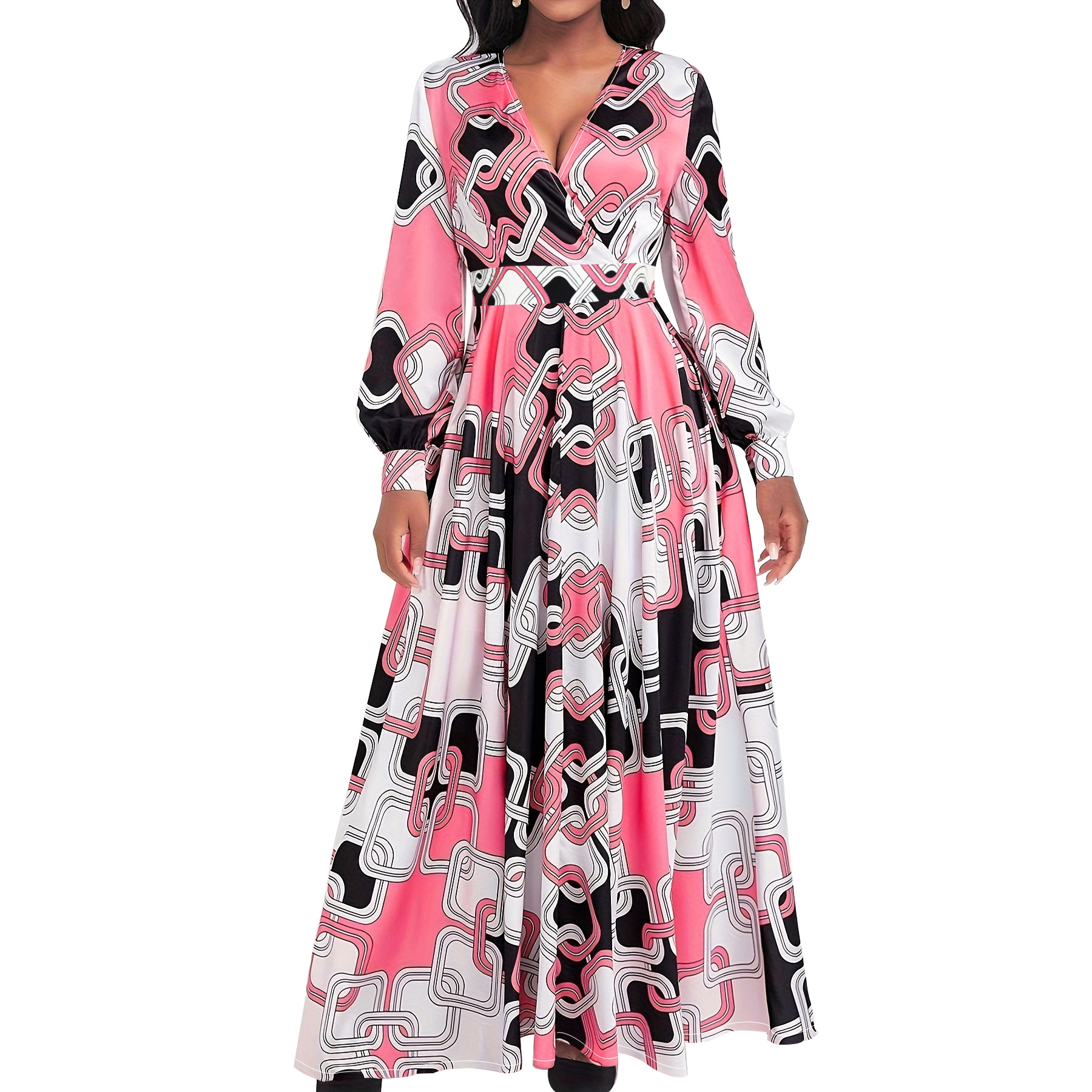 Picture of Cross-border Amazon European and American Women's New Fashion Elegant Elegant Printed V-neck No Belt Large dress