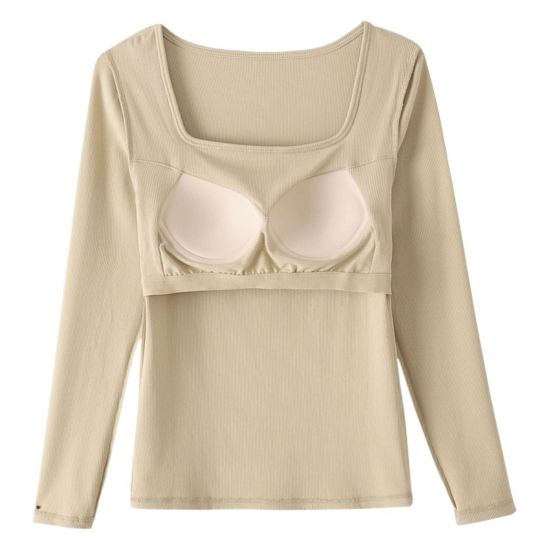 With chest pad one-piece long inner wear anti-exposure non-steel ring Cup square collar long sleeve top bottoming can be worn outside T-shirt