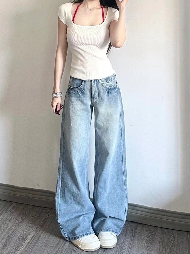 Popular Slim Sag Wide Leg Jeans Women's Spring and Autumn New American Style Fashion Loose Straight Leg Jeans
