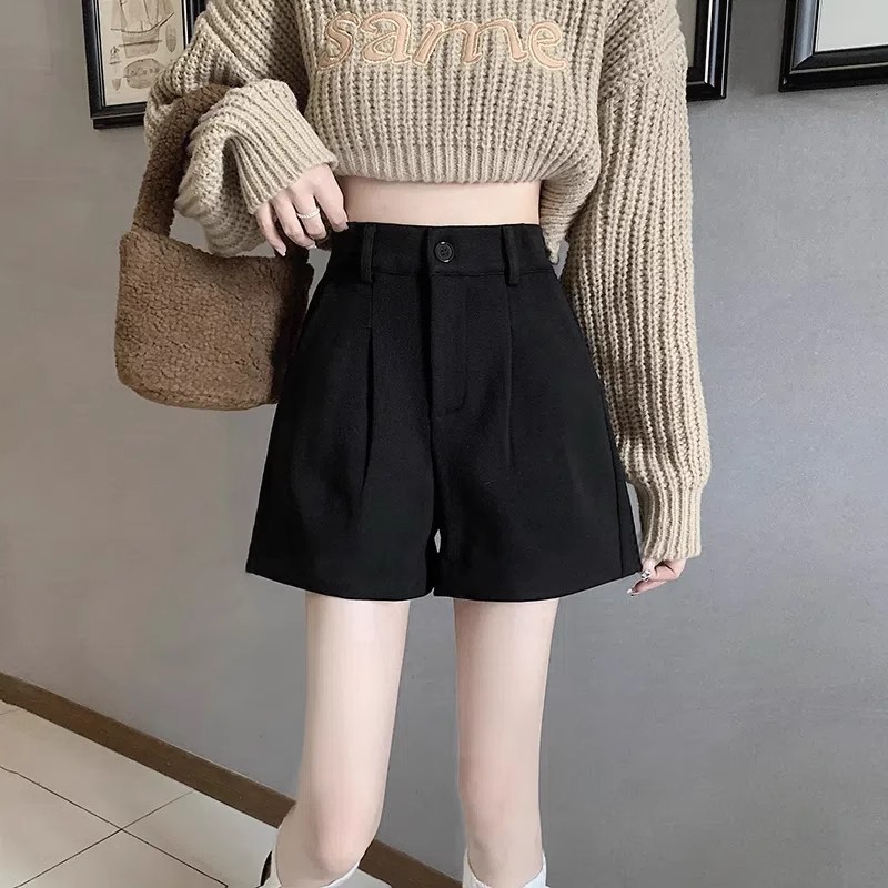 Black Autumn and Winter Outer Wear Woolen Shorts Women's Large Size New High-Waisted Straight Pants Wide-Leg Leggings Boot Pants