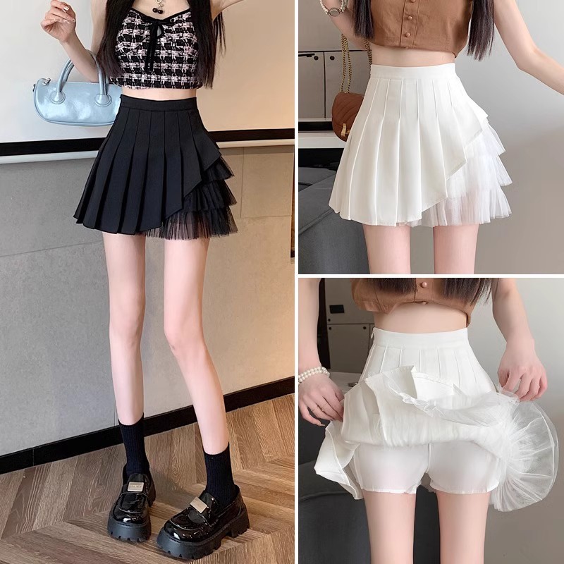 Black Mesh Stitching Pleated Skirt Women's Summer 2024 New High Waist A- Line Slimming Short Skirt