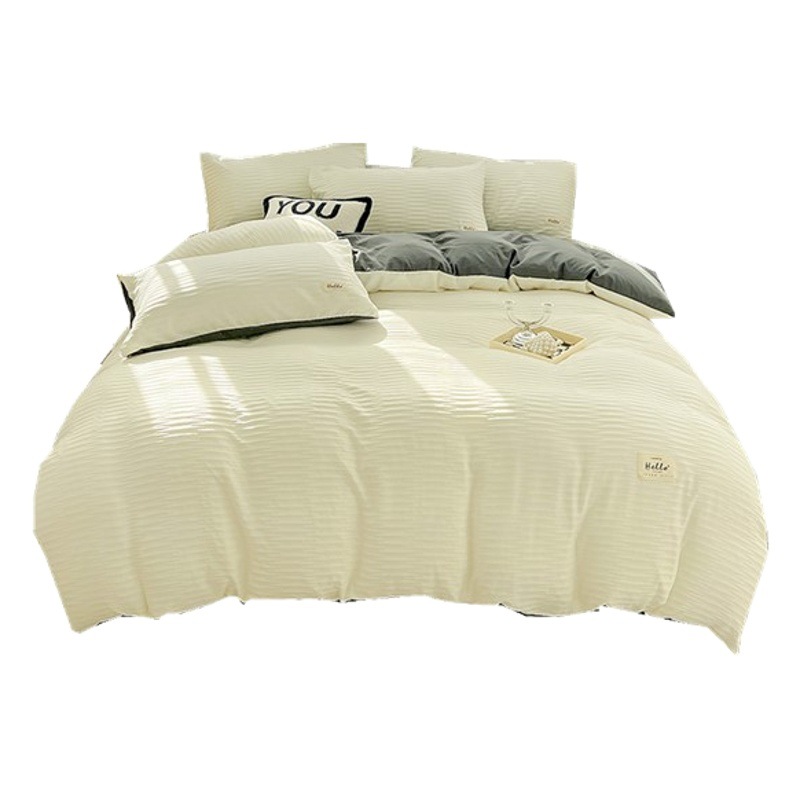 Solid color washed cotton four-piece set Nordic style double-piece bed cover dormitory seersucker single quilt cover pure cotton bedding