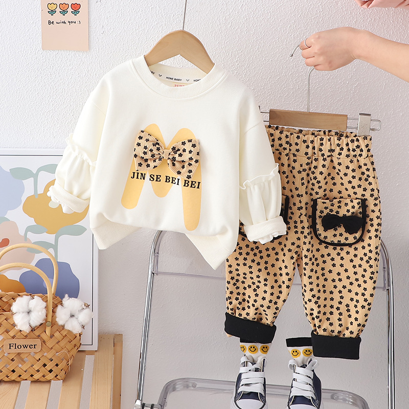 Picture of Korean style spring fashion baby fried street spring clothes idea big bow long sleeve suit trendy girls' long sleeve two-piece suit