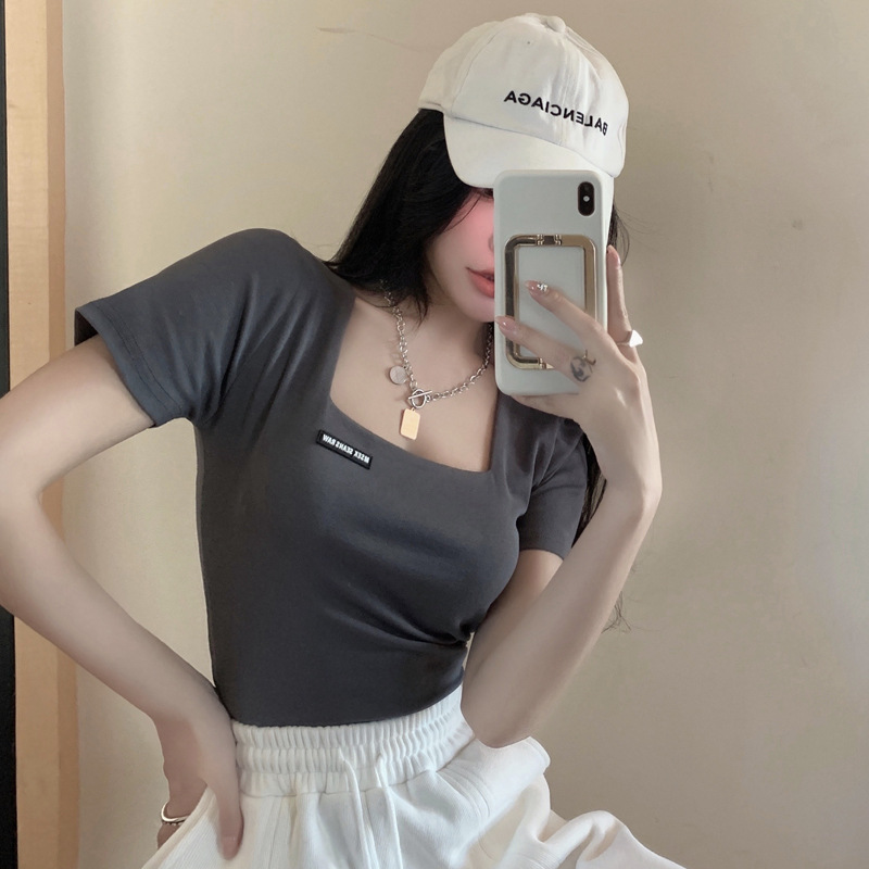 Picture of Square Collar Short-sleeved T-shirt Women's Summer New Short Spice Girl Top Slim-fit Styish White Half-sleeved Trendy