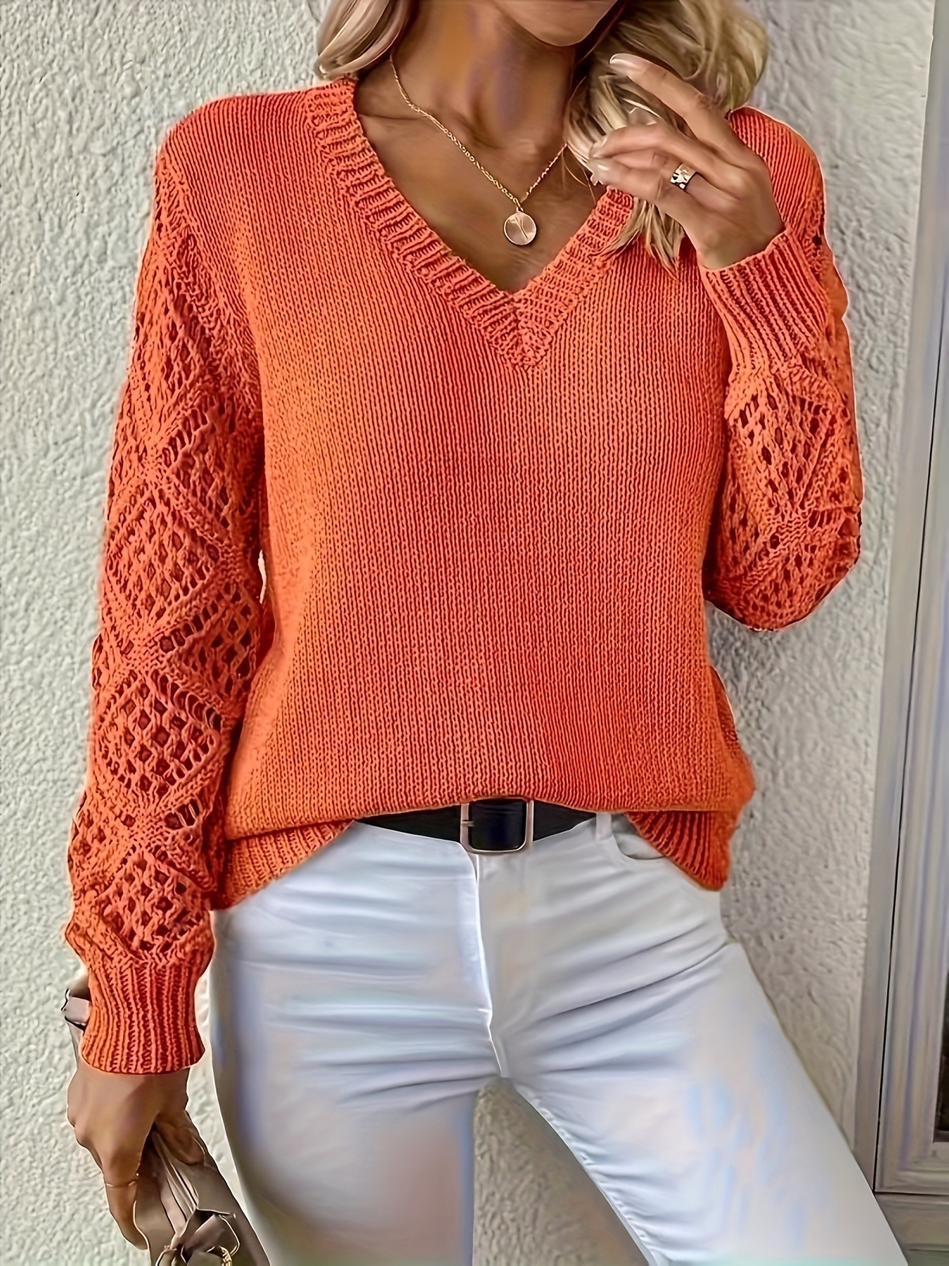European and American Cross-border Amazon Hollow Knitted Sweater Women's Pullover Long-sleeved Loose V-neck Sweater