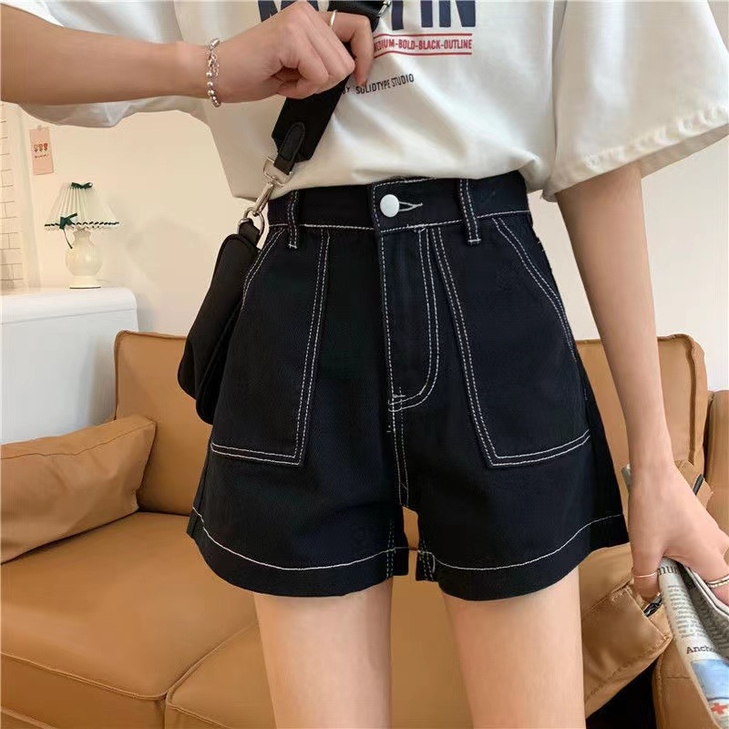 Picture of Summer New High-Waisted Denim Shorts for Women with Niche Design, Slimming Look and Belly-Covering Gradient A-Line Wide-Leg Pants Wholesale