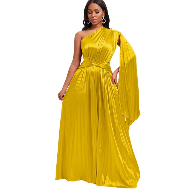 D407 independent station Foreign Trade women's clothing 2023 new one-shoulder pleated long dress oblique collar waist dress European and American dress