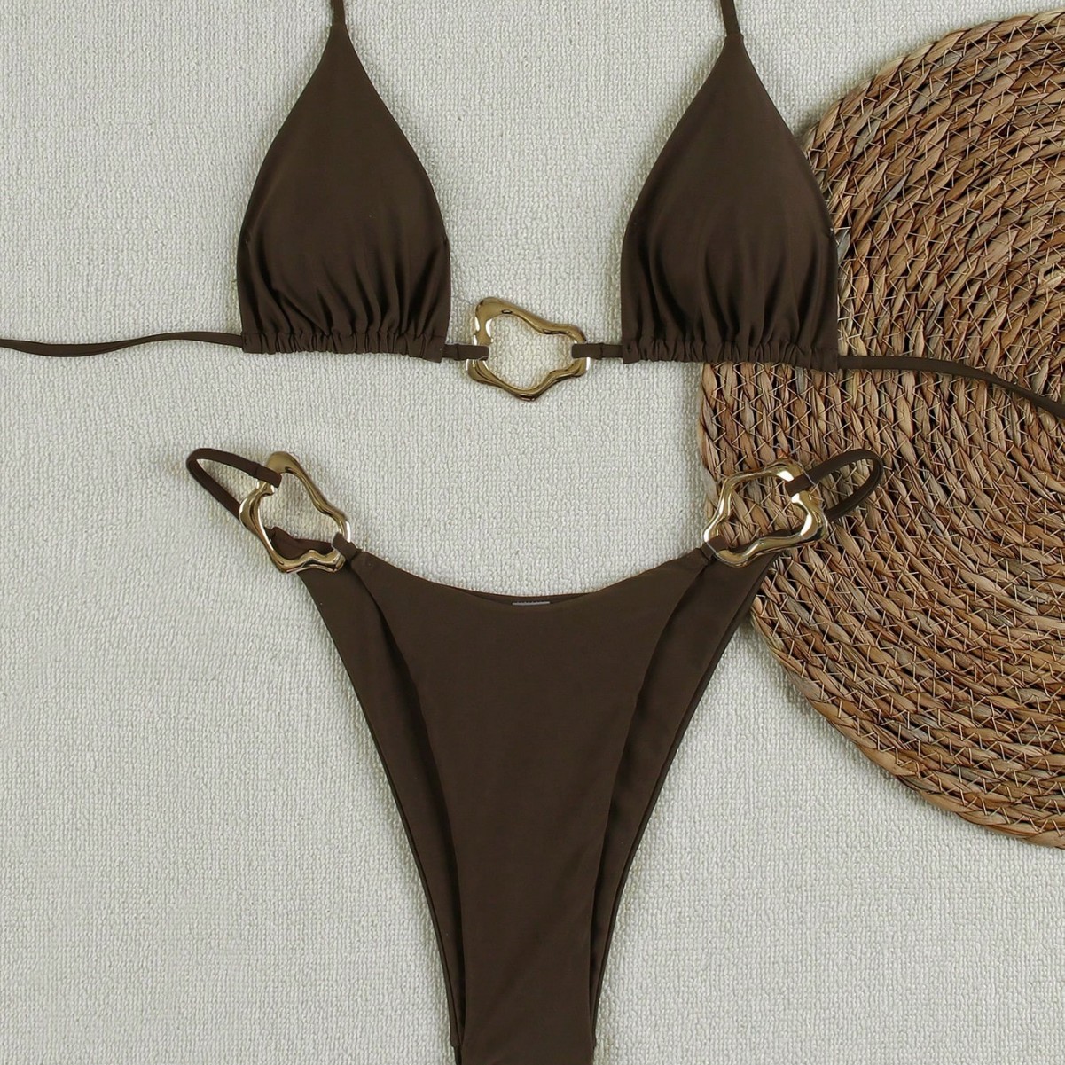 Foreign Trade 2025 Solid Color Bikini Women Sexy Metal Buckle Briefs Split Swimsuit Fashion European and American Bikini