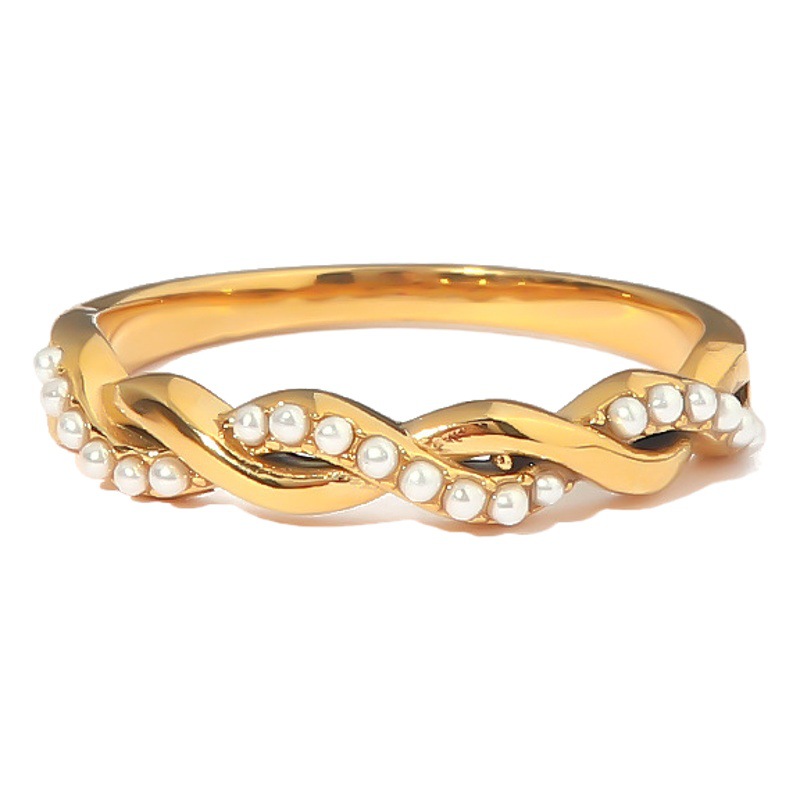 Ins Cold Style Woven Twist Titanium Steel Ring Light Luxury Elegant Niche Style Stainless Steel Cross Set Pearl Ring