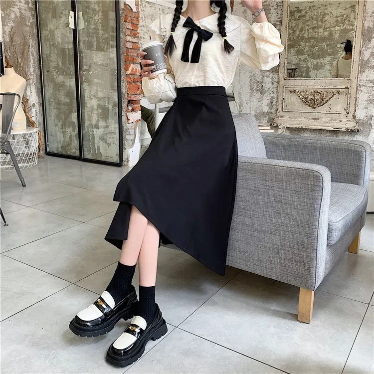 Picture of 2023 Autumn and Winter plus size chubby girl Mid-length Skirt Women's High Waist All-match Hip Covering A- line Skirt Black Hip Skirt