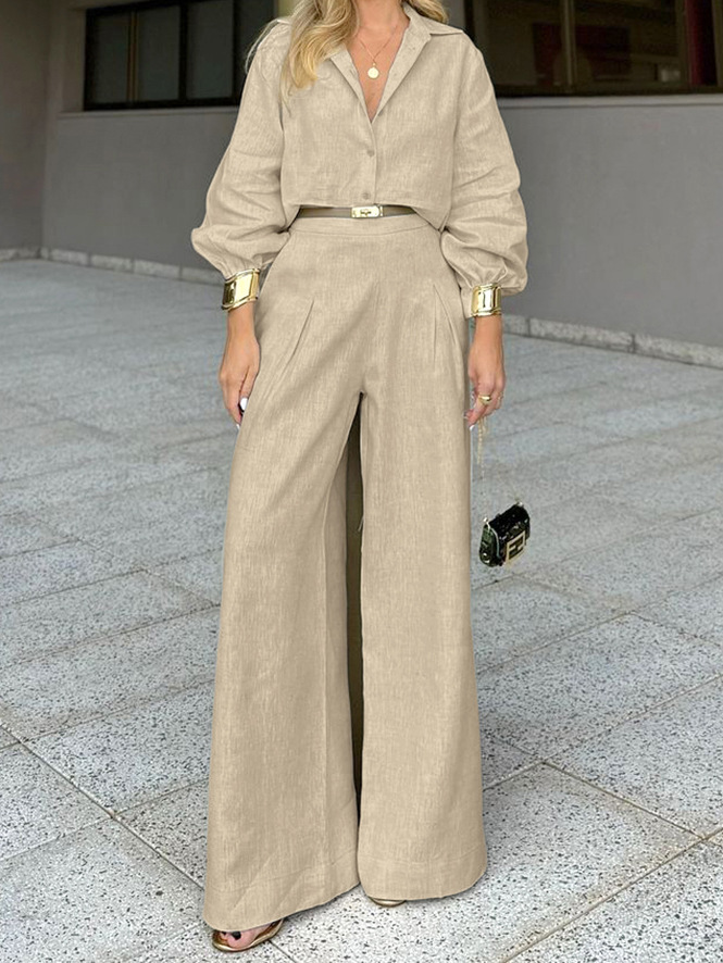 Cross-border cotton and linen high-grade solid color high waist fashion casual suit 2024 autumn and winter new European and American temperament two-piece pack