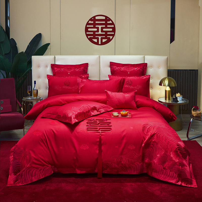 Picture of Light luxury 160 double long staple cotton red wedding wedding four-piece cotton embroidery wedding six-piece ten-piece