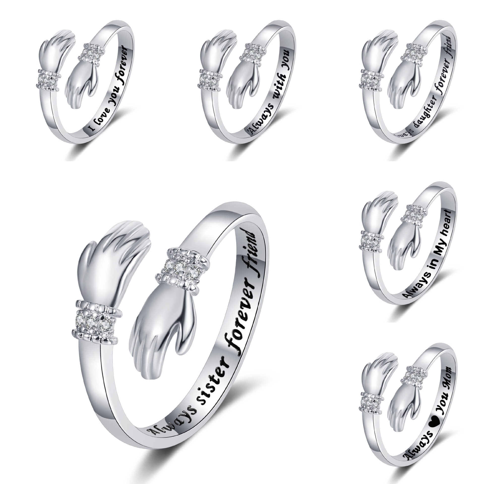 Picture of Europe and the United States creative love hug hands diamond ring women's lettering opening adjustable ring warm heart gift