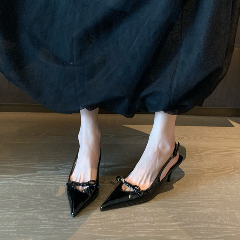 Fashion essence! High-heeled closed toe sandals women's 2024 new bow black pointed heel air shoes