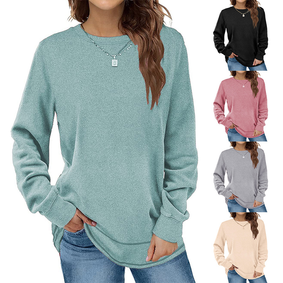 Cross-border Women's Top Amazon 2023 Round Neck Sweatshirt Long-sleeved Top Casual Loose Shirt with Curved Hem