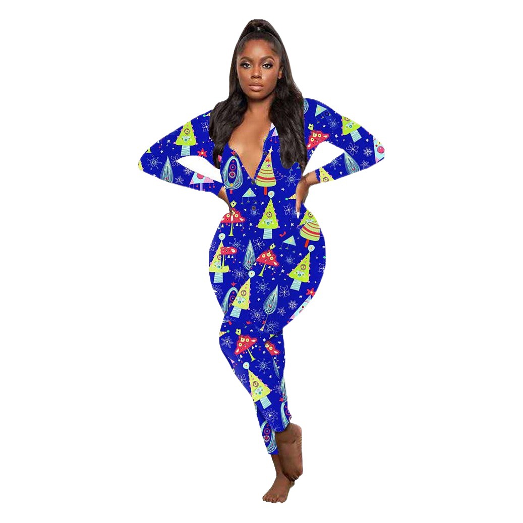 D9451 Amazon Hot Cross-border European and American Women's Casual Christmas Printed Long Sleeve Trousers Home Jumpsuit