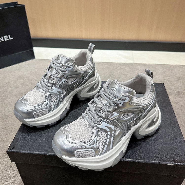 Spring/Summer 2024 Leather Thick Bottom Breathable Mesh Height Increasing Torre Shoes Space Silver Thick Bottom Casual Sneakers Women's Shoes