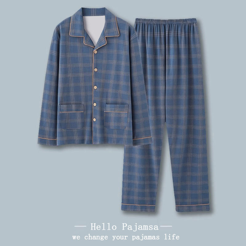 Long-Sleeved Pajamas for Men Spring and Autumn New Imitation Cotton High-End Plaid Suit Plus Size Casual Can Be Worn Outside Home Clothes