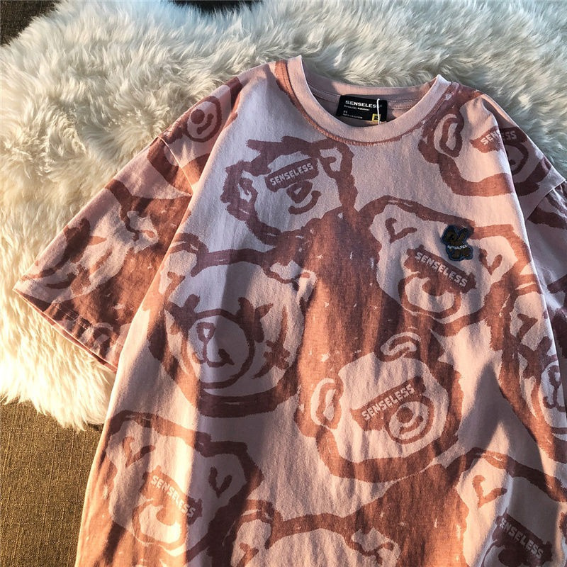 Summer New Korean Style Loose Full Printed Bear Short-sleeved Shirt All-match Harajuku Style Top for Female Students