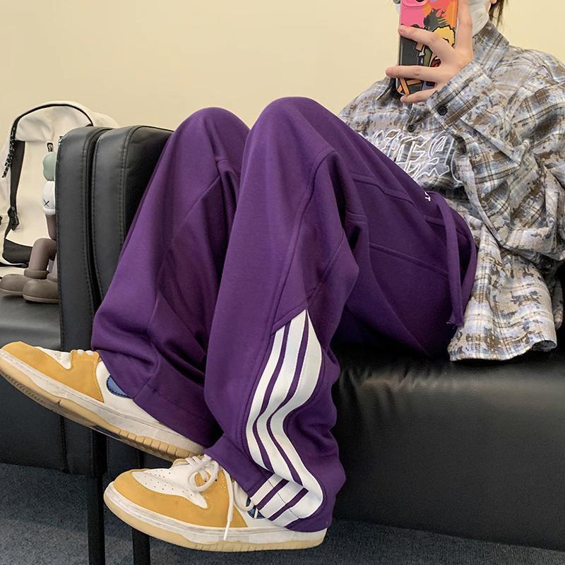 Purple Striped Pants with Three Bars plus size American Style Youth Sweatpants Loose Straight-Leg Sports Pants High Street Fashion