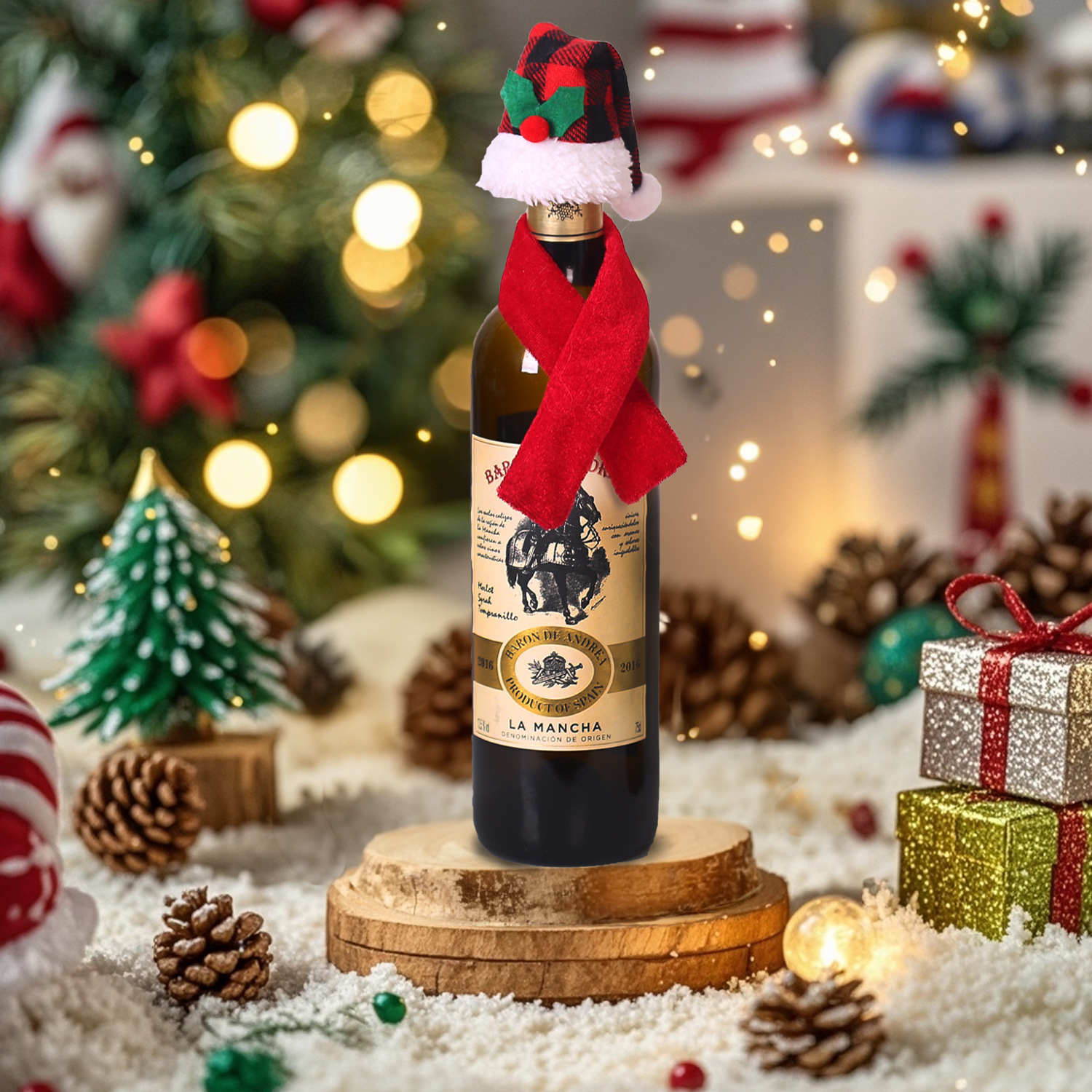 Picture of Christmas Creative Decorations Scarf Hat Two-piece Set Red Wine Bottle Set Hotel Restaurant Decoration Dress-up Supplies
