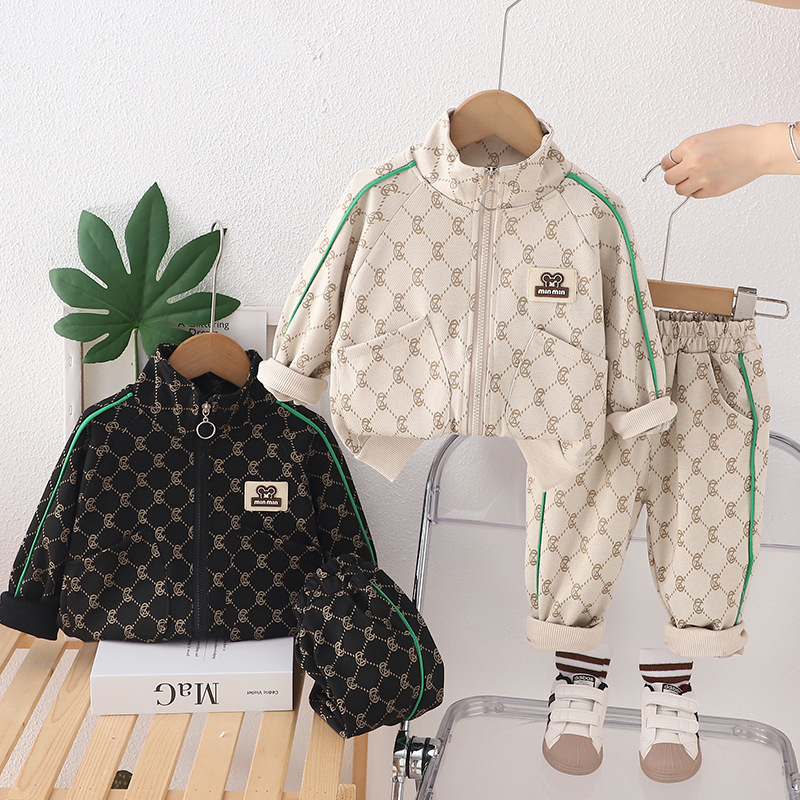 Korean Style New Spring Suit for Boys and Girls, Kidsren's Spring & Fall Fashionable All-Over Printed Rhombus Mouse Head Logo Long-Sleeved Two-Piece Set