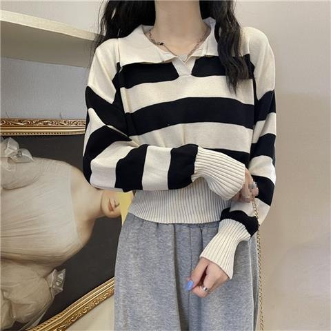 844a02 Striped Sweater Women's Small Spring and Autumn New Loose Outer Wear Long Sleeve Waist Short Top Black free size