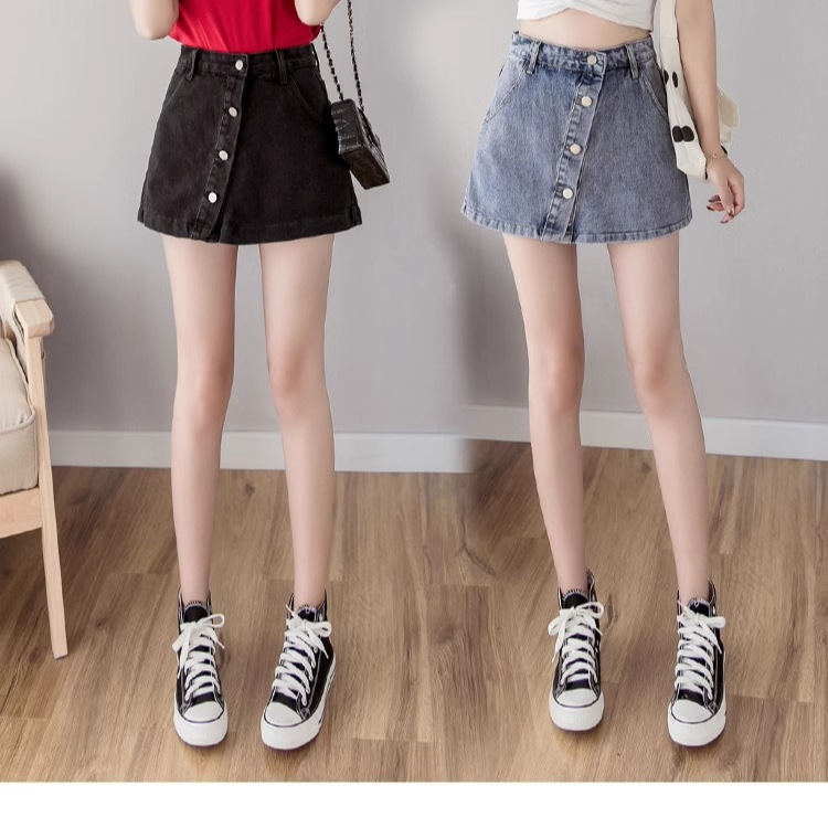 Buckle Design Denim Short Pants Skirt Women's Summer 2024 New High Waist Loose Slimming Anti-running A- line Skirt