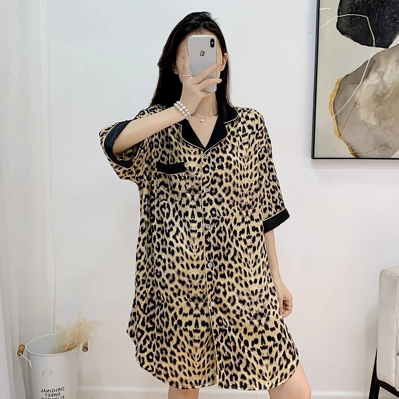 Picture of New Ice Silk Nightdress Women Summer Thin Leopard Print Loose plus size Shirt Dress Sexy Pajamas Women Home Clothes Wholesale