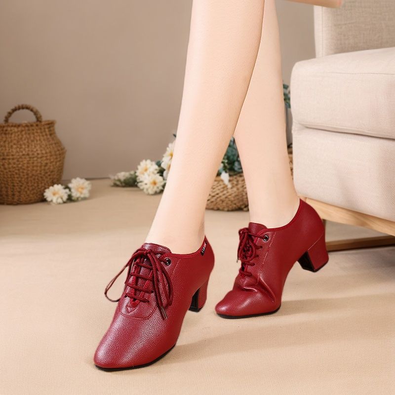 New Adult wine red Square Dance Shoes Genuine Leather Women's Soft-soled Teacher's Shoes Sarman Dance Shoes Latin Dance Shoes