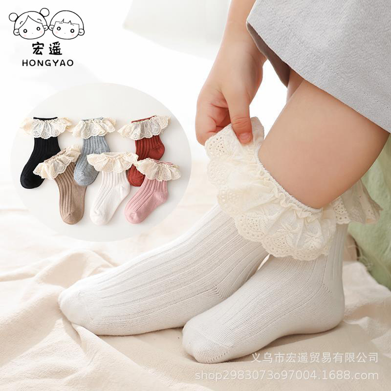 Baby Children's Socks Spring and Autumn Cotton Anti-slip Mid-tube Socks Autumn and Winter Princess Lace Mid-tube Socks