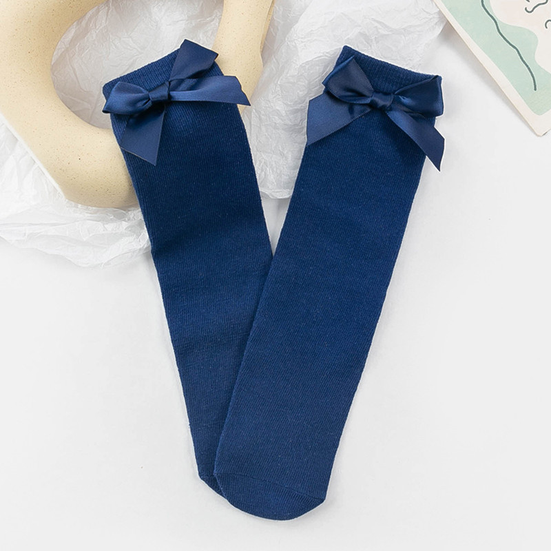 Picture of Children's Mid-Calf Socks, Solid Color Bowknot, Suitable for Both Small and Large Children, Slouch Socks That Can Be Worn Front or Back, Straight Tube, No Heel Socks for Girls