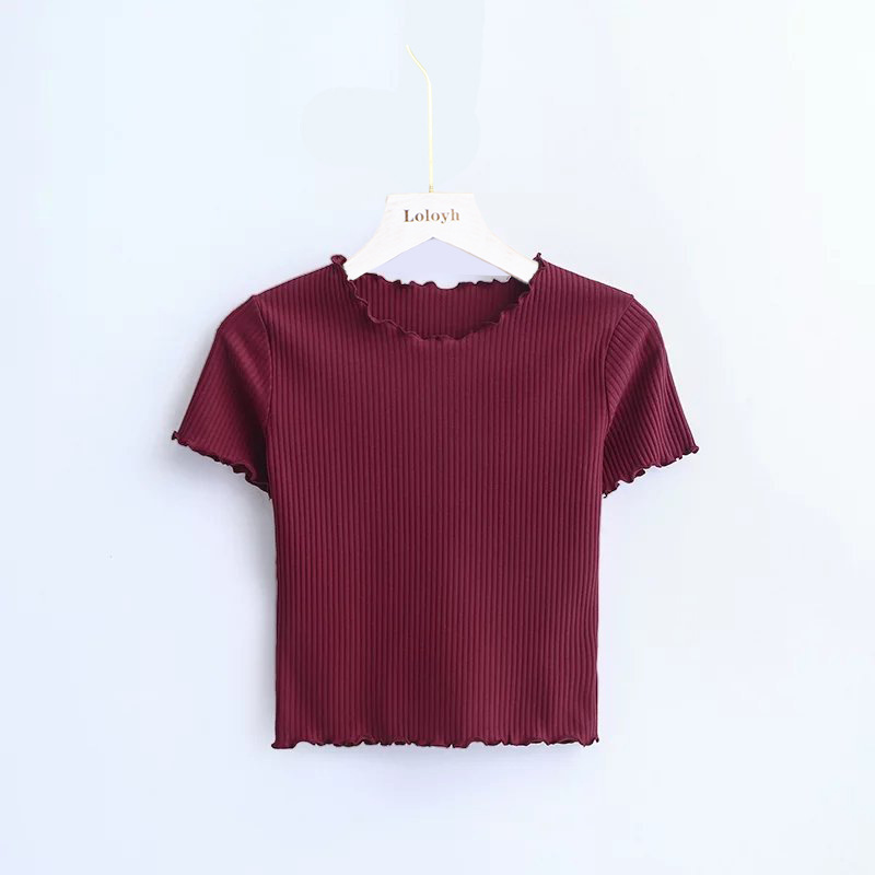 Picture of 2025 Spring and Summer New European and American Style Fashion Retro Fungus Edge Slim Short Short-Sleeved T-Shirt Tops for Women