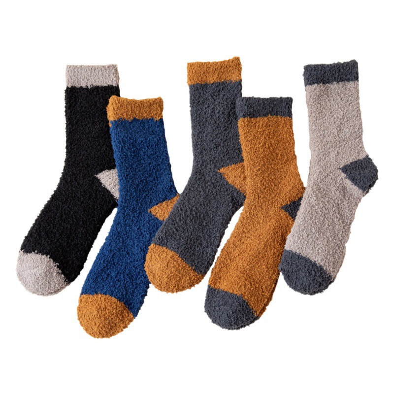 Plush Socks Men's Winter Mid-tube Socks Colorblock Home Floor Socks Thickened Coral Fleece Warm Socks fleece-lined Snow Socks