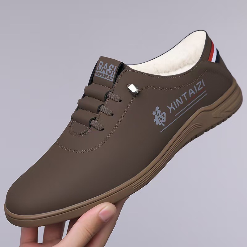 White Shoes Winter Slip-on fleece-lined Warm-Keeping Fashionable All-Match Casual Non-Slip Soft Bottom Leather Shoes for Middle-Aged Dad