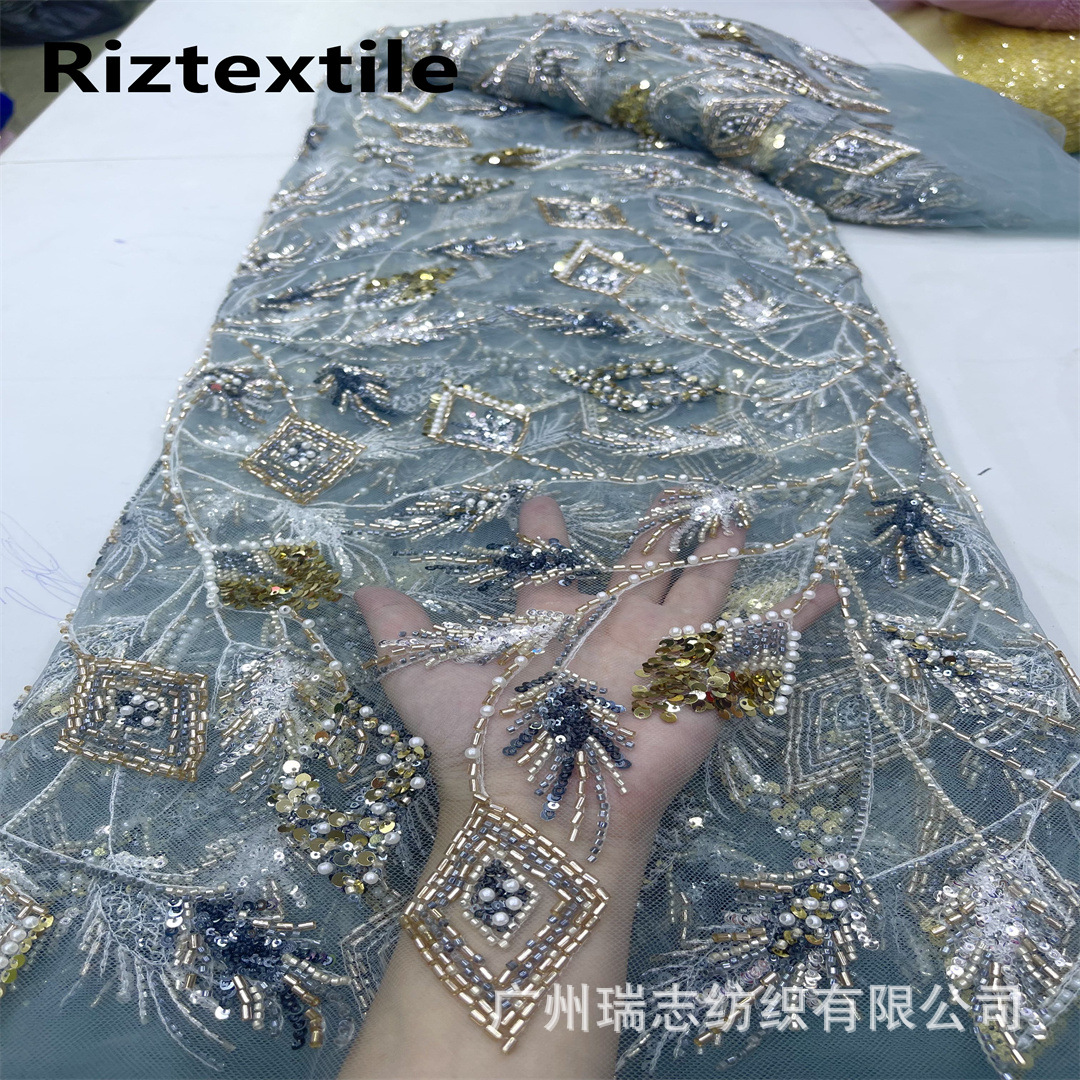 Cross-Border Hot Selling European and American Heavy Industry 4-Bead Rhombus Leaf Embroidered Cloth Wedding Dress Dress Sequined Lace Fabric