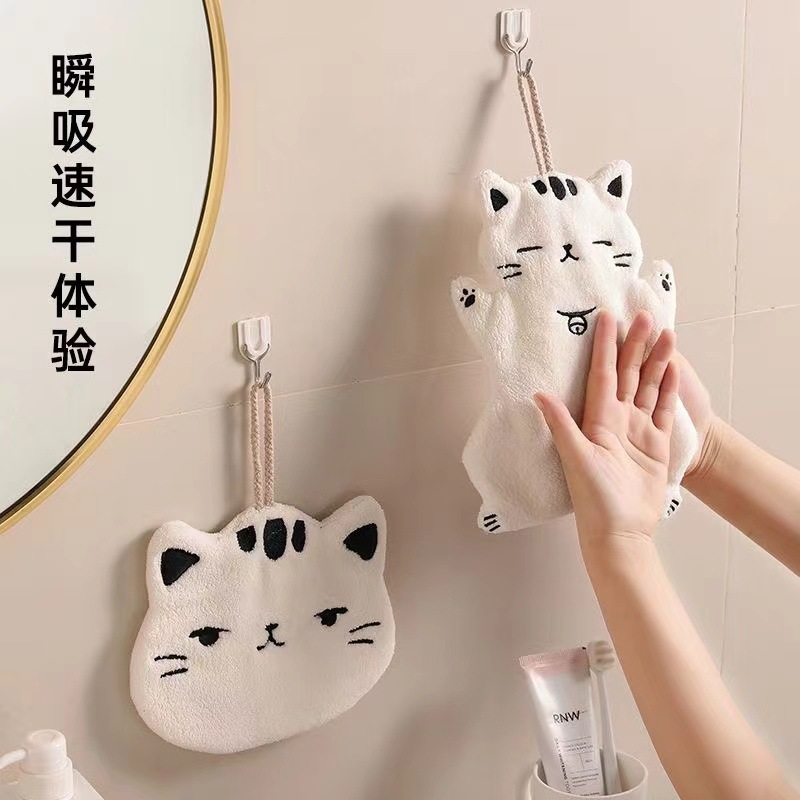 Picture of Cartoon towel can be hung non-stinky kitchen bathroom cute cat absorbent increased thick coral fleece towel
