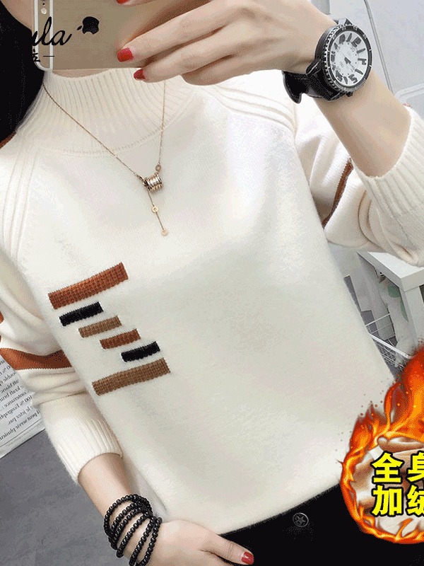 Picture of Women's Velvet Thickeneded Sweater Autumn and Winter 2024 New Half Turtleneck Popular Loose Western Style Top Knitted Bottoming Shirt