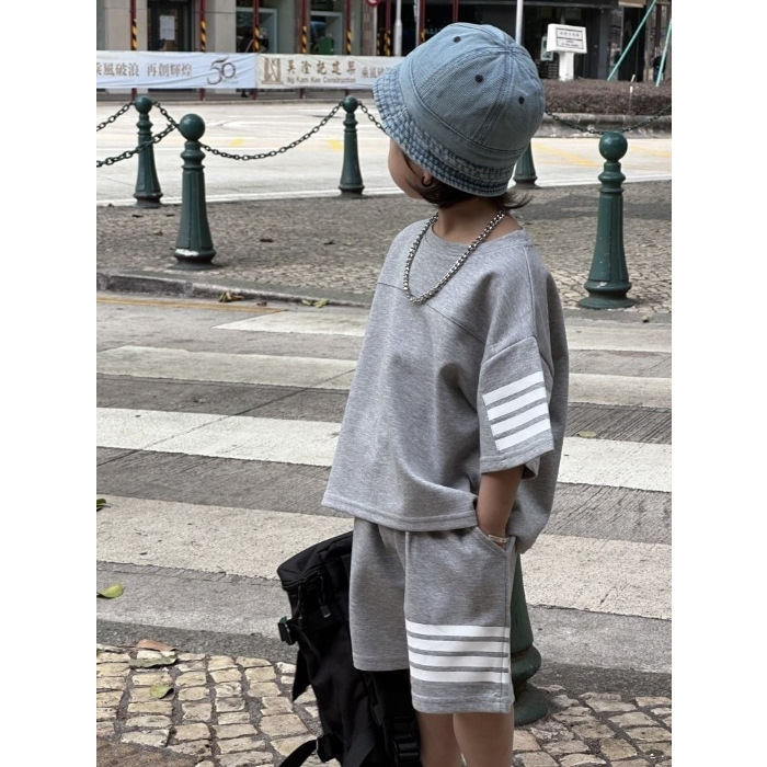 Picture of Children's Boys Summer Suit Korean Style Polo Shirt 2025 New Internet Celebrity Thin Short-Sleeved Clothes Cool Trendy Kidsren's Two-Piece Set