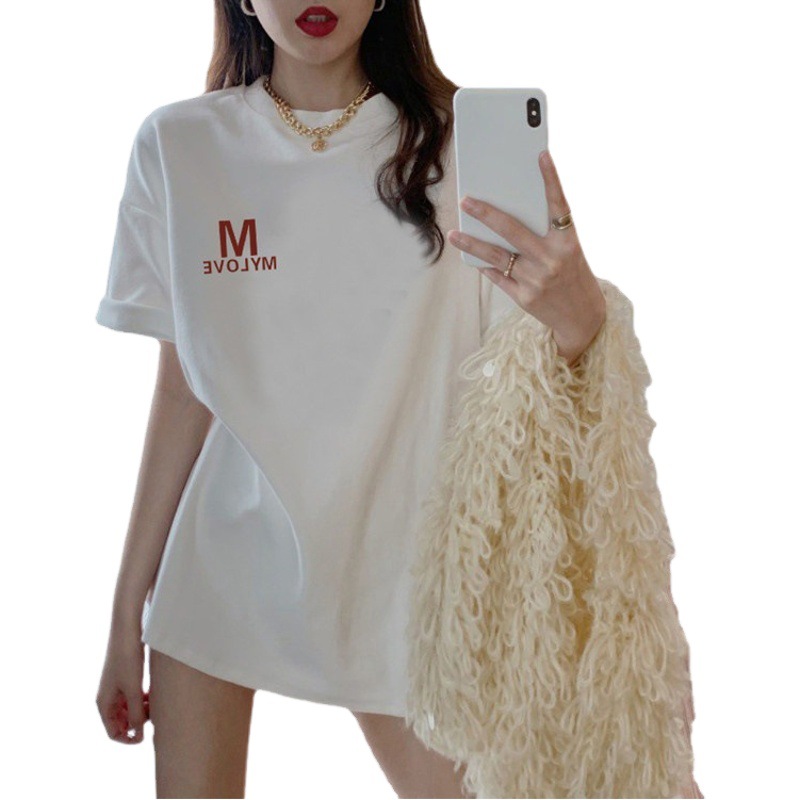 European Mid-length Short-sleeved White T-shirt Women's Ins Trendy Loose plus size Cotton Top for Summer and Spring 2024