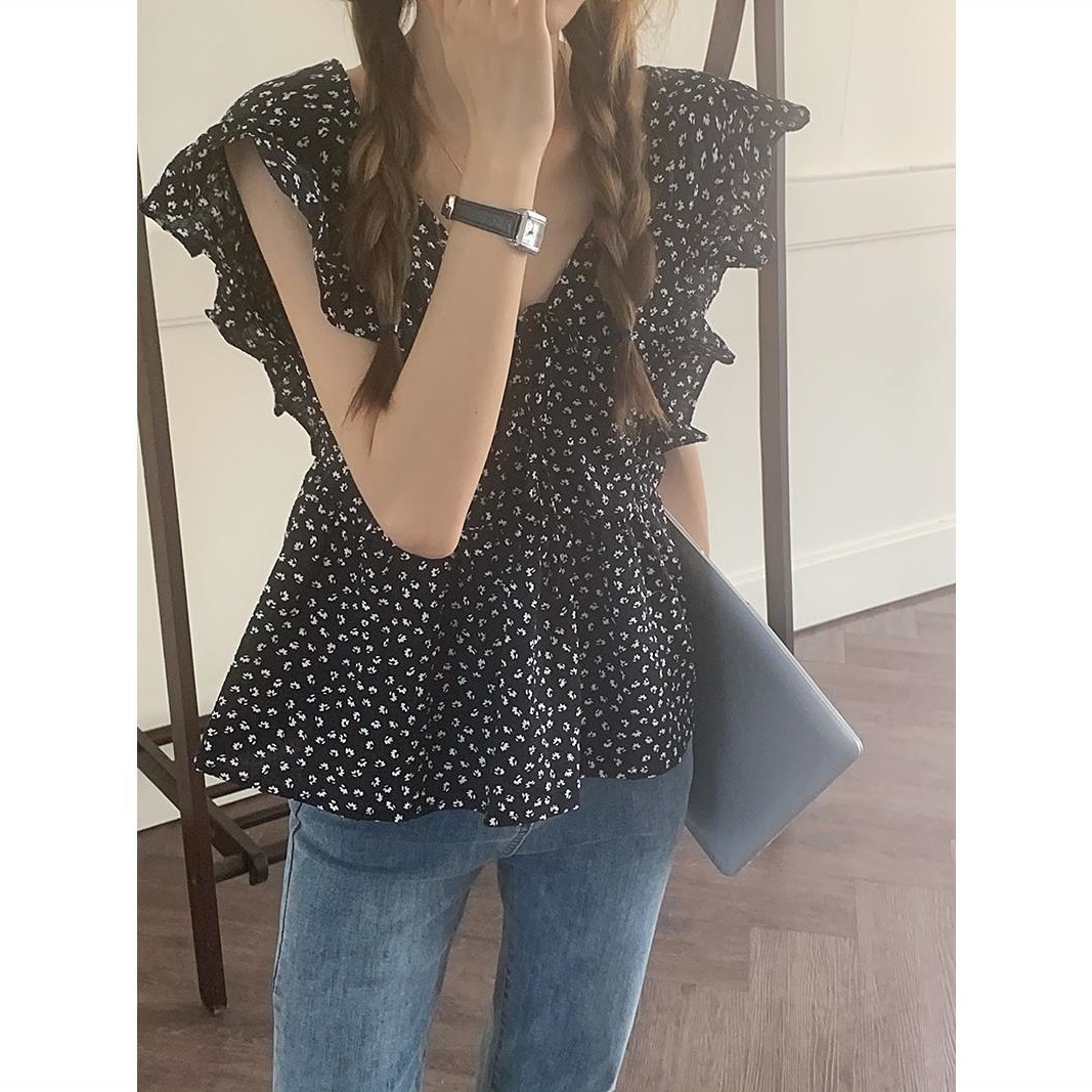 2025 Summer Design Korean Style Age-reducing Flying Sleeve Floral Shirt Collar French Top