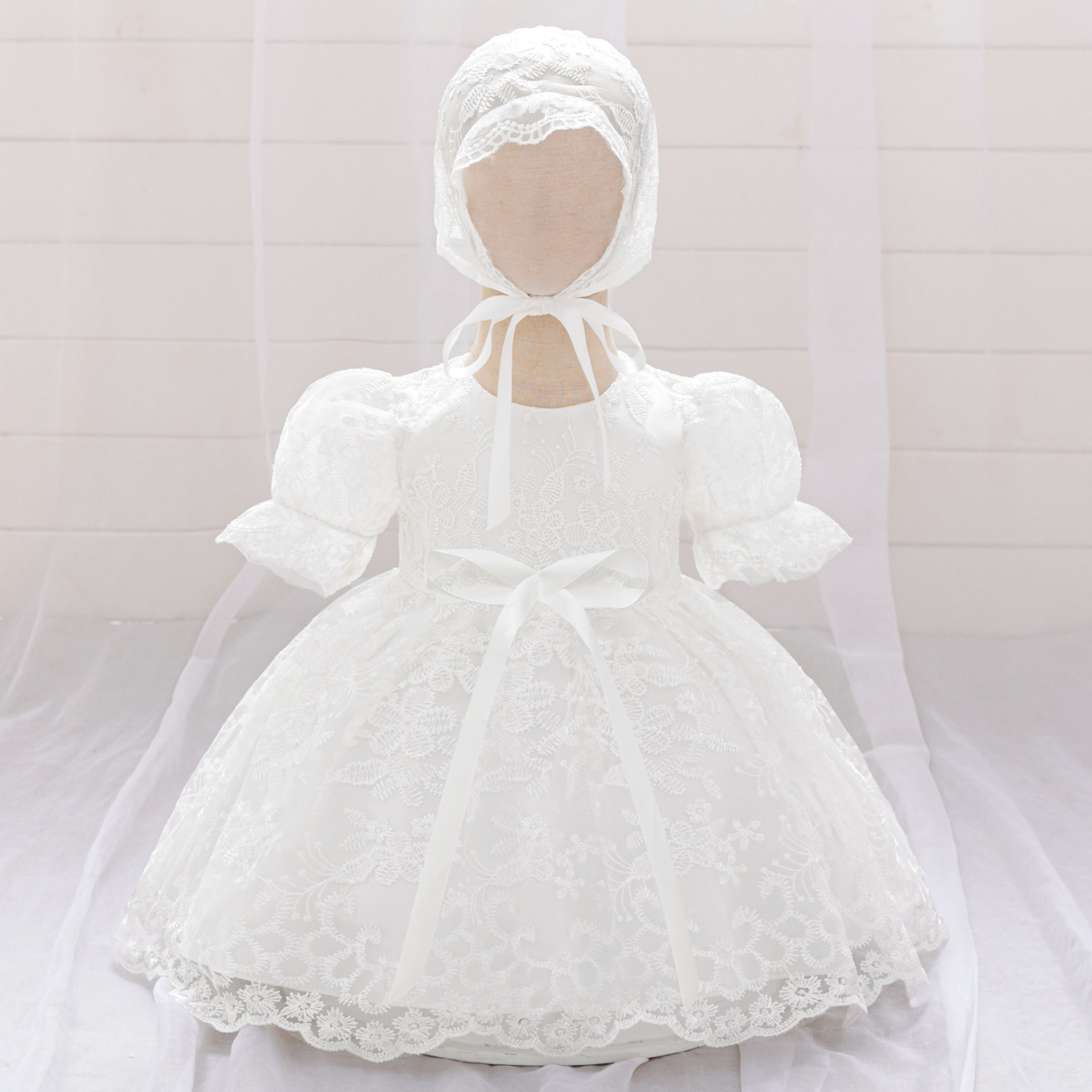 Foreign Trade New Baby One-year-old Dress Puff Sleeve Lace Princess Dress Hundred Days Banquet dress White Washed Dress