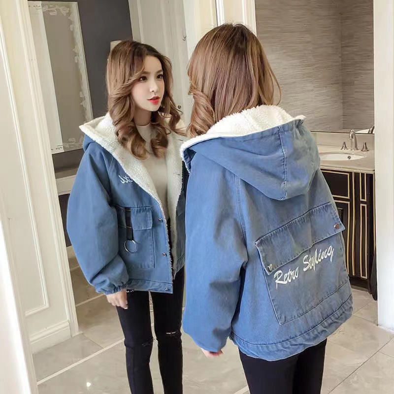 Fleece-lined Thickened Denim Jacket Women's 2022 Winter Korean-style New Loose Embroidered Hooded Lamb Wool Cotton-padded Coat for Women