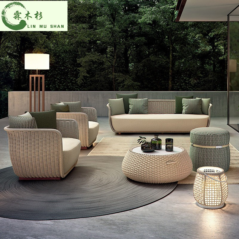 Scandinavian Outdoor Sofa Rattan Patio Open-air Sun Room Balcony Waterproof Sunscreen Rattan Leisure Living Room Sofa Chair