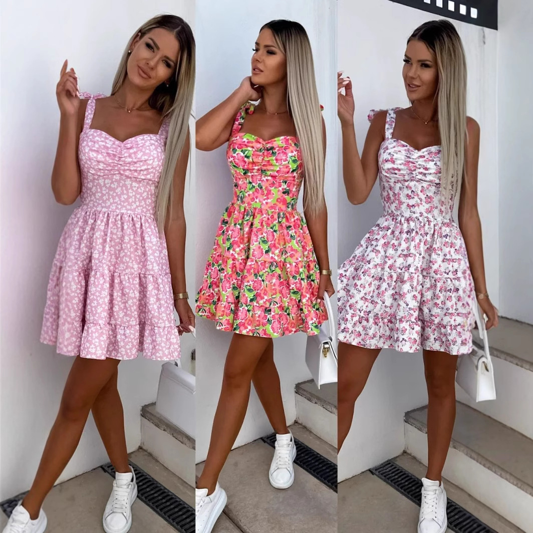 2025 Cross-Border Amazon Aliexpress New Suspender Foreign Trade Print Suspender Lace-Up Dress Short Skirt