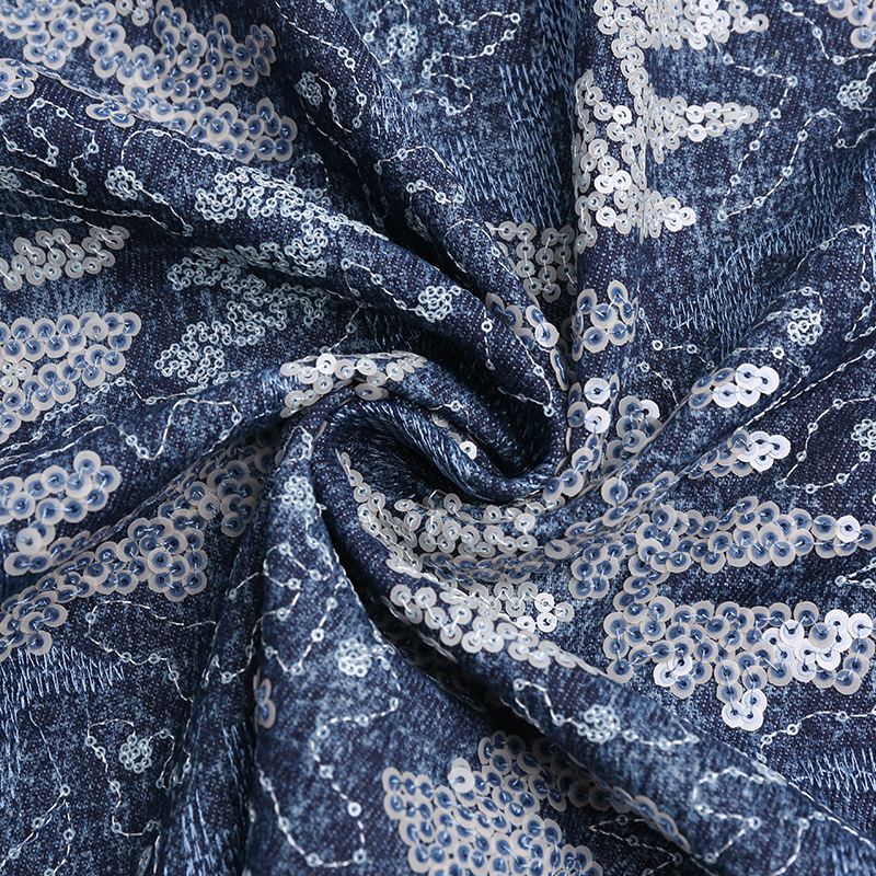 Picture of Washed Denim Sequin Embroidered Cloth Jumpsuit Skirt Shorts Fabric in stock Supply